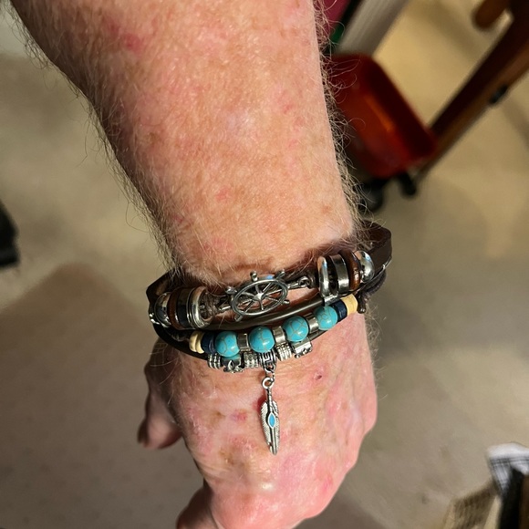 2305-PCM Turquoise, Silver, & Wooden Beads, Pendants Leather 4 Layer Bracelet - Picture 7 of 12